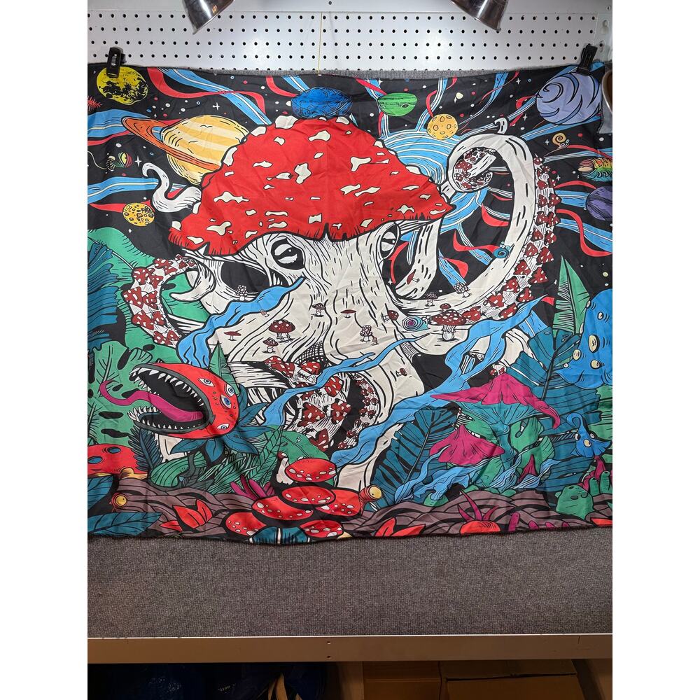 Psychedelic Mushroom Squid Wall Tapestry 60"X40" Art Groovy Hippie Planets